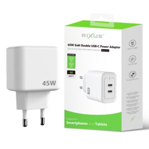 rixus double usb c power adapter 45w white