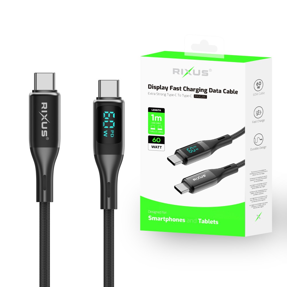 rixus usb c naar usb c display fast charging cable zwart – 1m – 60w